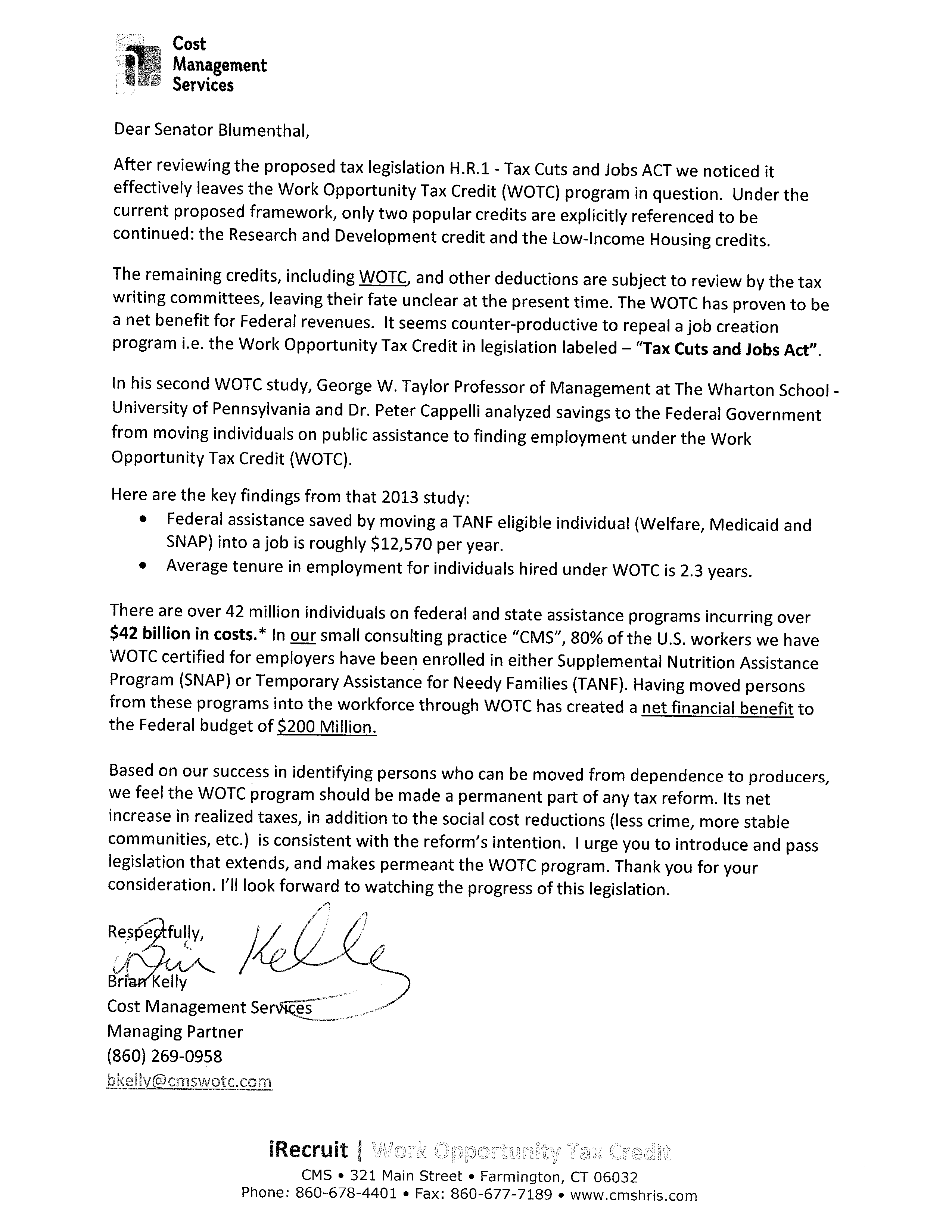 CMS to Senator Blumenthal - HR 1 WOTC Letter