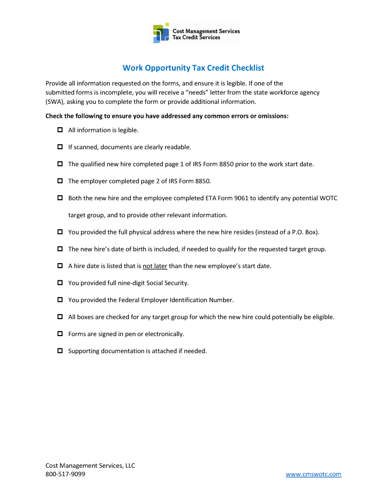 Work Opportunity Tax Credit Checklist